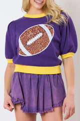 Purple Sequin Rugby Color Block Puff Short Sleeve Sweater