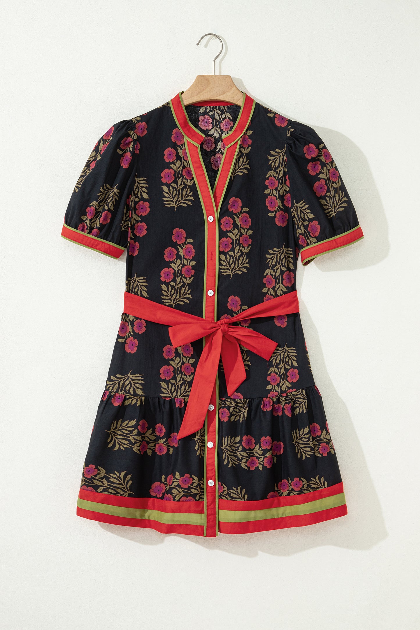 Black Retro Floral Print Button Down Belted Short Puff Sleeve Mini Dress