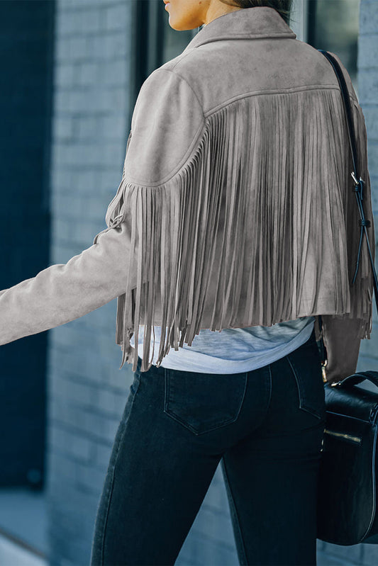 Gray Cropped Fringe Faux Suede Jacket