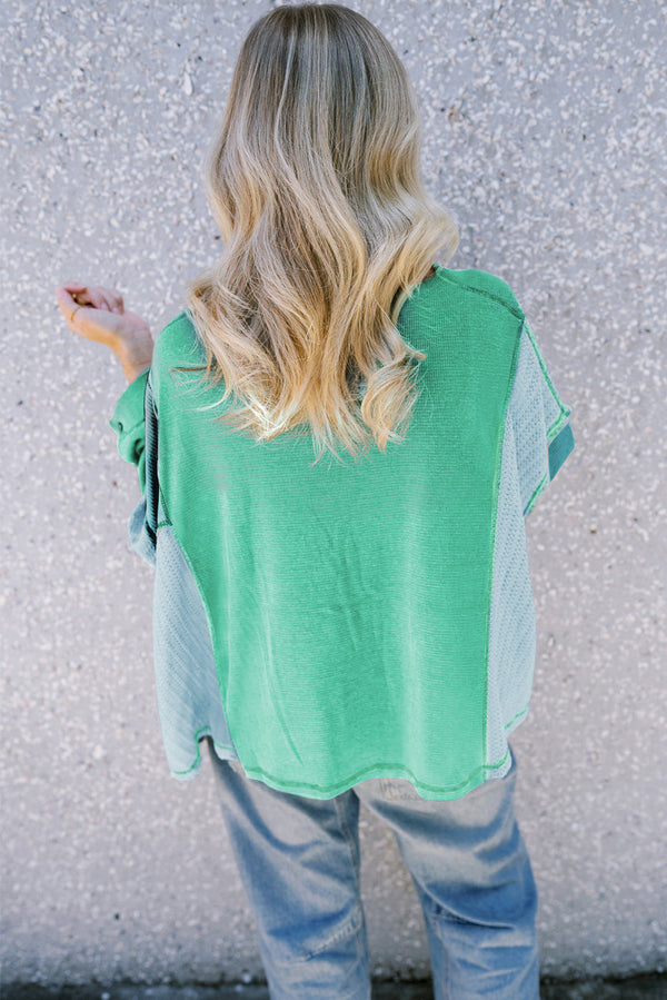 Green Colorblock Stitching Patchwork Buttoned Long Sleeve Top