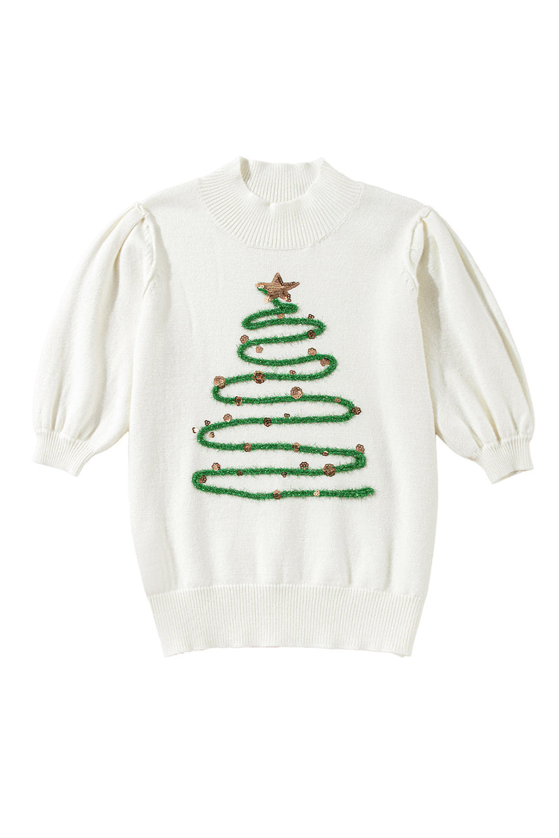 White Tinsel Christmas Tree Graphic Puff Sleeve Sweater