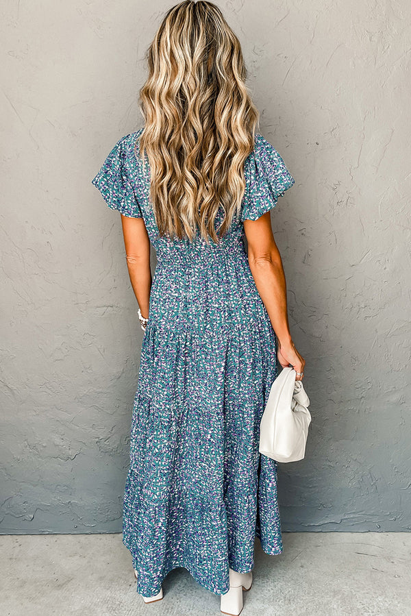 Blue Printed V Neck Shirred Short Puff Sleeve Maxi Dress