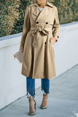 Pale Khaki Solid Color Lapel Collar Waist Tie Wind Coat