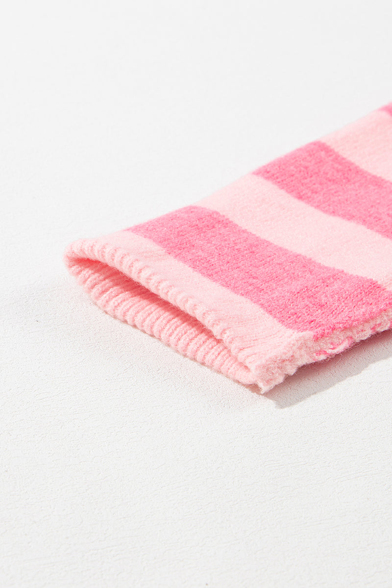 Pink Checkered Colorblock Striped High Low Loose Sweater