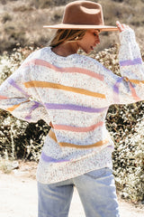 White Colorblock Stripe Lantern Sleeve Sweater