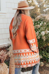 Orange Printed Aztec Print Open Front Knitted Cardigan