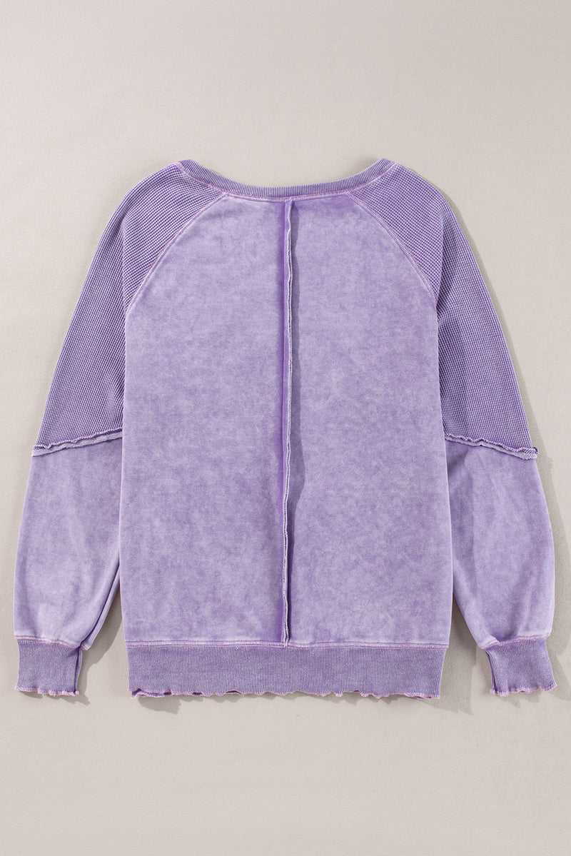 Orchid Petal Solid Waffle Knit Patchwork Raglan Sleeve Sweatshirt