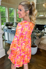 Orange Abstract Print Ruffled Sleeve V Neck Dress