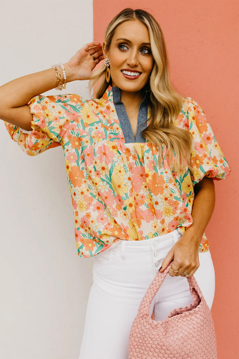 Multicolour Floral Print Bubble Sleeve V Neck Blouse