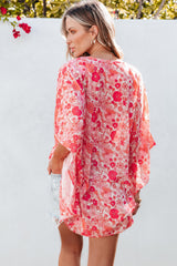 Pink Boho Floral V Neck Kimono Style Blouse