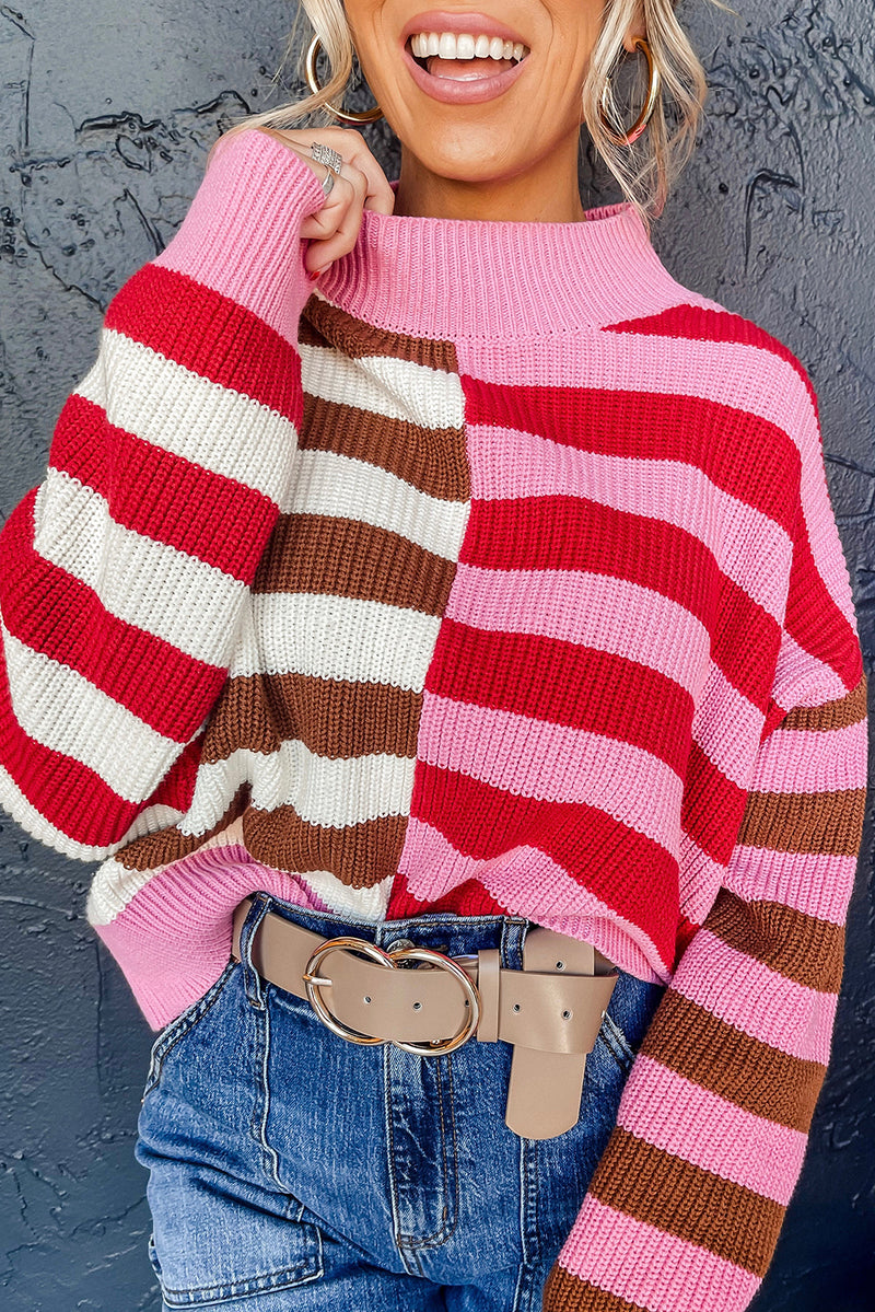 Pink Stripe Color Block High Neck Drop Shoulder Loose Sweater