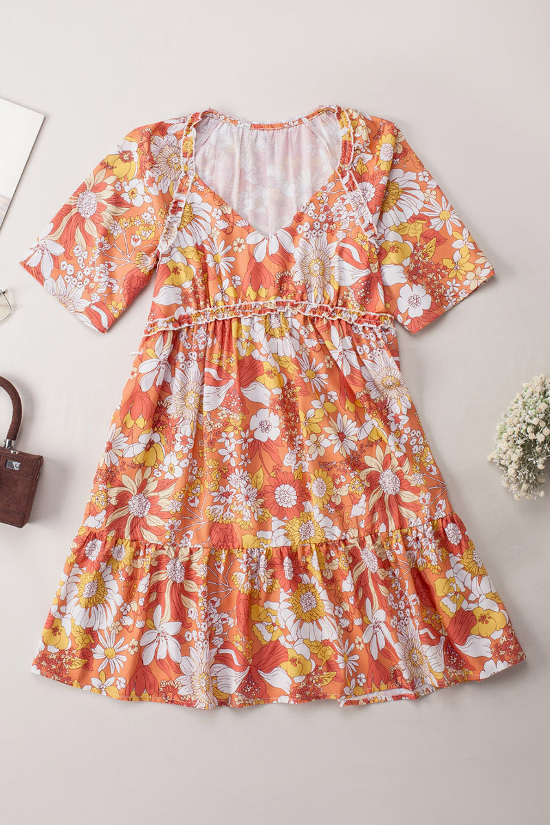 Orange Wide Flutter Sleeve Floral Dress