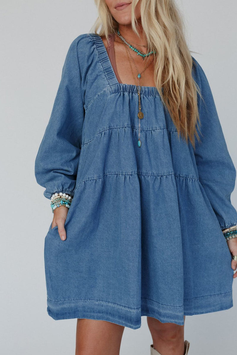 Dusk Blue Square Neck Side Pockets Loose Fit Denim Mini Dress