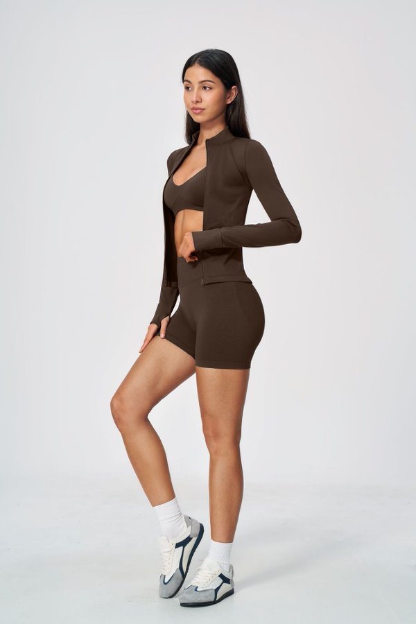 Sporty Bra &  High Waisted Shorts with Full Zip Jacket Set