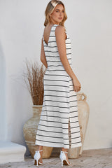 White Stripe Print Open Back Sleeveless Maxi Dress with Slits