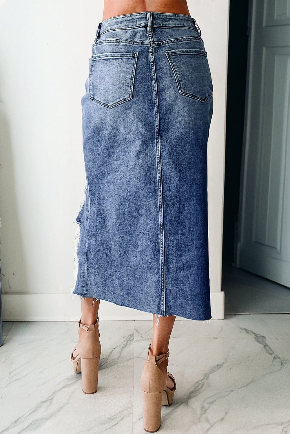 Sail Blue Dearlove Irregular Distressed Bottom Denim Midi Skirt