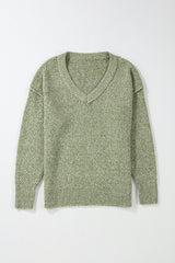 Jungle Green Loose Eyelet V Neck Drop Shoulder Sweater