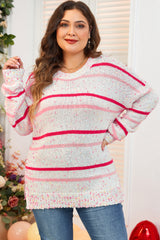 Pink Stripe Drop Shoulder Side Split Plus Size Sweater