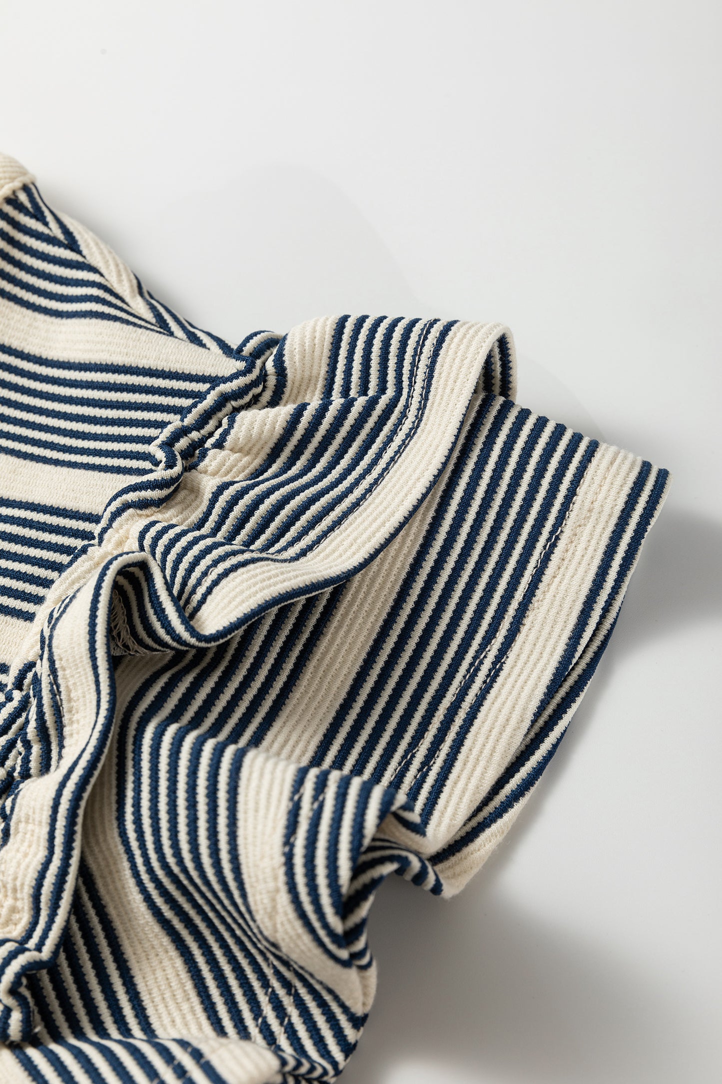 Blue Stripe Ruffled Short Sleeve Contrast Trim Button Notched Neck Midi Dress