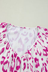 Rose Leopard Print Ruched V Neck 3/4 Sleeve Blouse