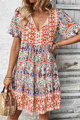 Orange Bohemian Print Tie Neck Ruffle Hem Short Dress