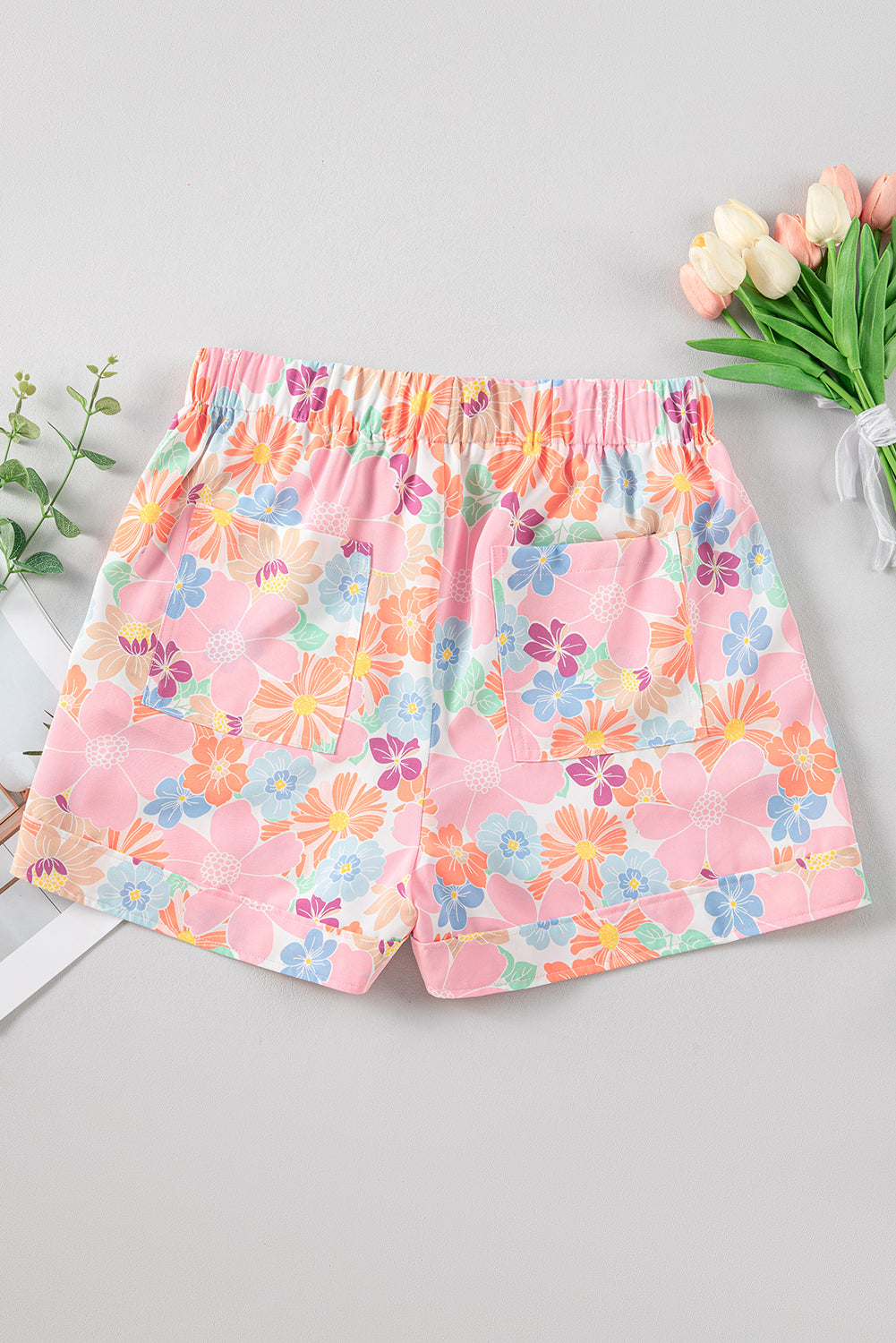 Pink Floral Print Side Pockets Drawstring Casual Shorts