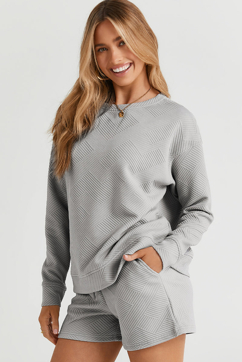 Gray Textured Long Sleeve Top and Drawstring Shorts Set