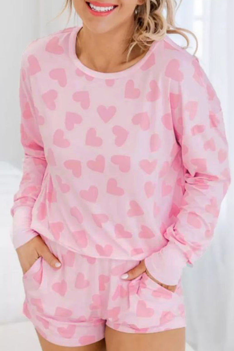 Pink Valentine Heart Shape Print Long Sleeve Top Shorts Lounge Set