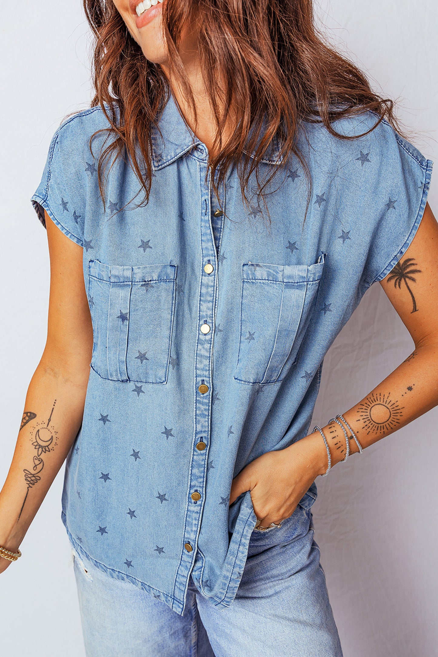 Beau Blue Star Allover Print Double Chest Pocket Short Sleeve Denim Shirt