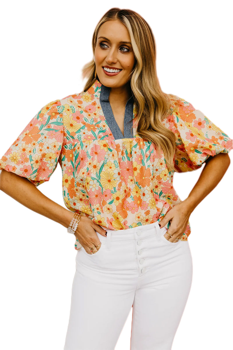 Multicolour Floral Print Bubble Sleeve V Neck Blouse