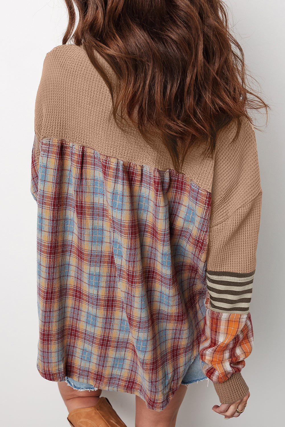 Straw Yellow Waffle Stripe Plaid Patchwork Henley Knit Top