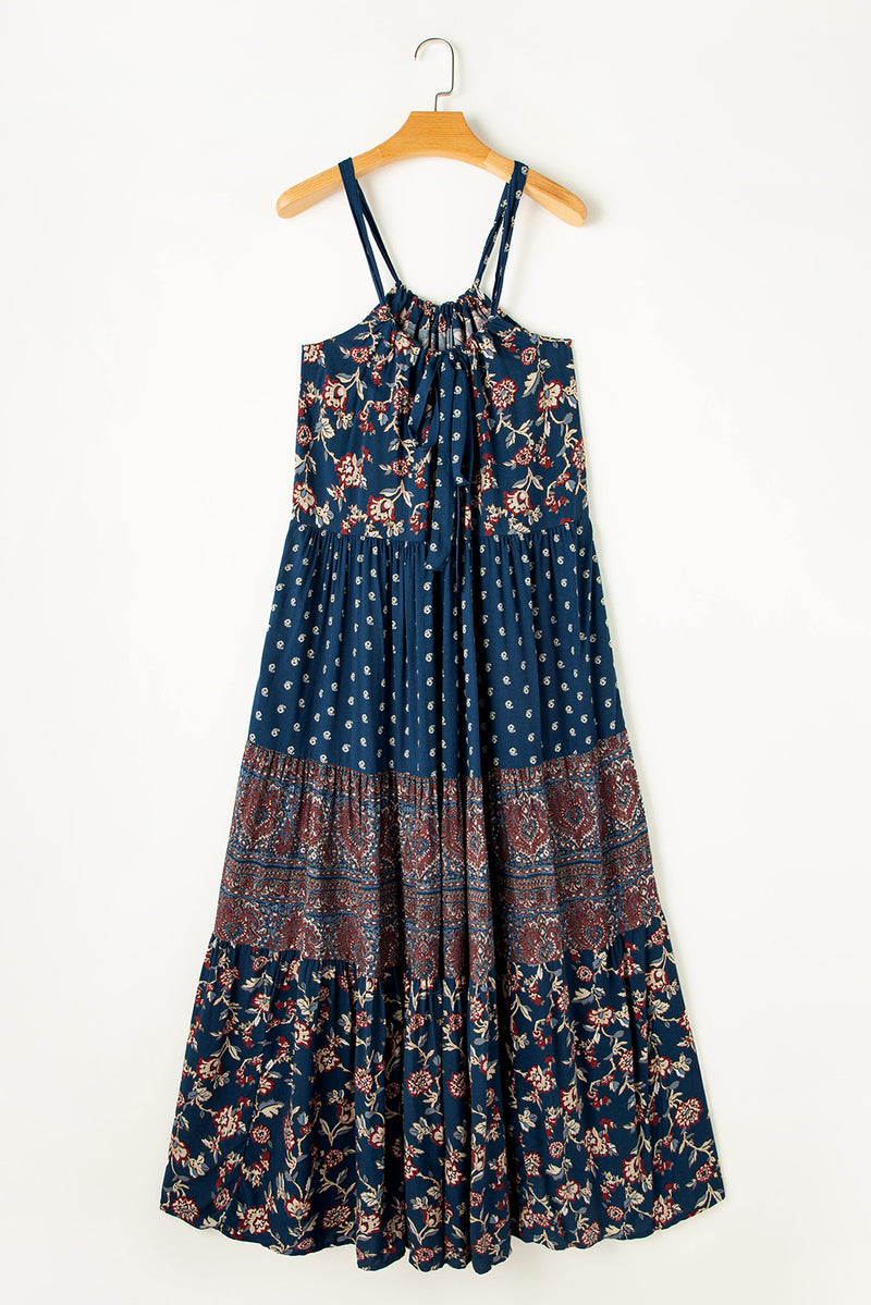 Blue Boho Floral Splicing Sleeveless Maxi Dress