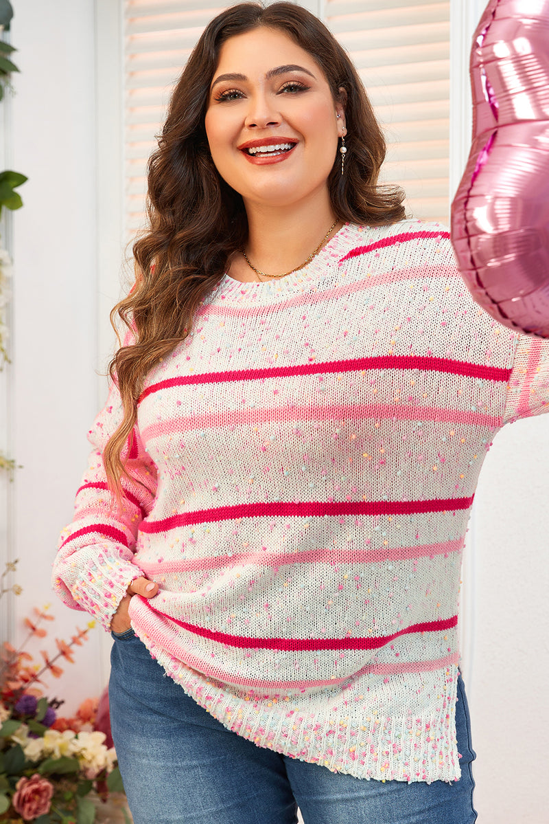 Pink Stripe Drop Shoulder Side Split Plus Size Sweater