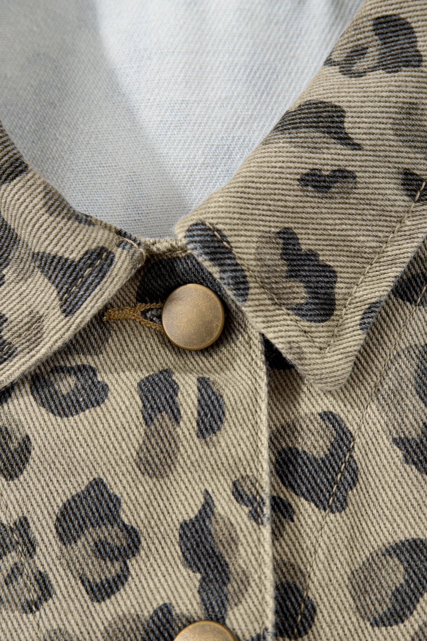 Khaki Retro Leopard Print Seam Detail Button Down Denim Jacket