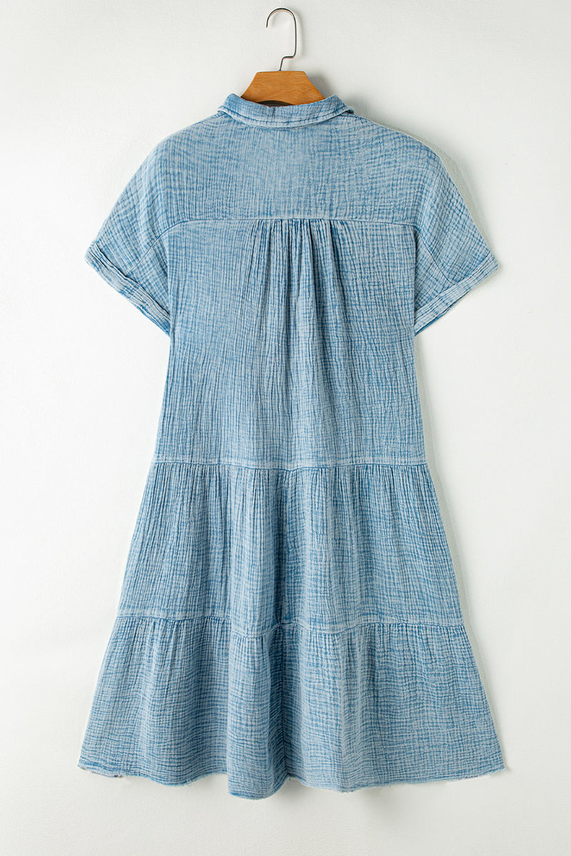 Beau Blue Mineral Wash Crinkle Split Neck Raw Hem Tiered Dress