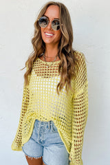 Yellow Open Knit Crochet Bell Sleeve Tunic Sweater