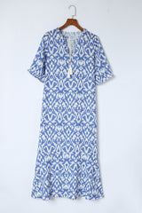 Sky Blue V Neck Casual Geometric Print Maxi Dress