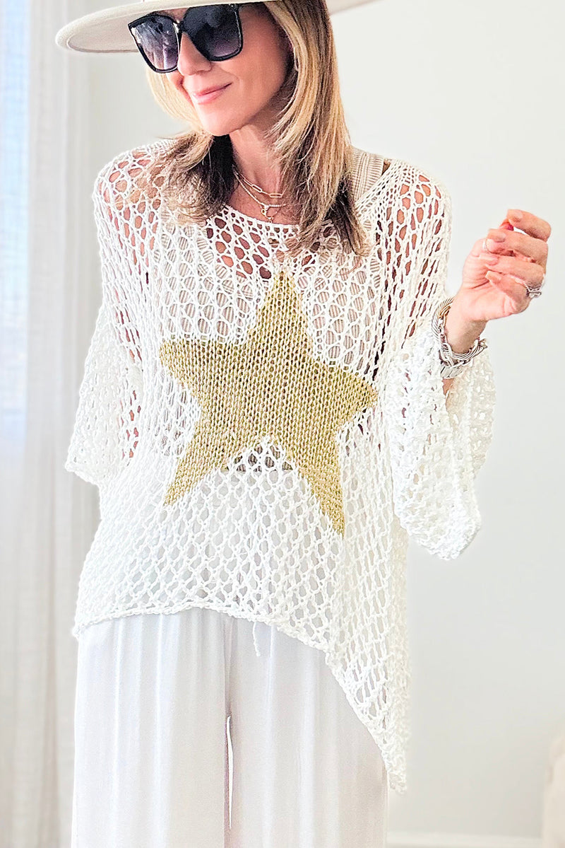 White Star Graphic Crochet Knitted Summer Sweater Top