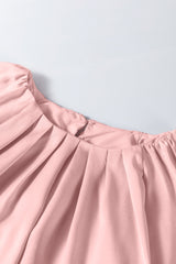 Apricot Pink Pleated Round Neck Flounce Sleeve Satin Blouse