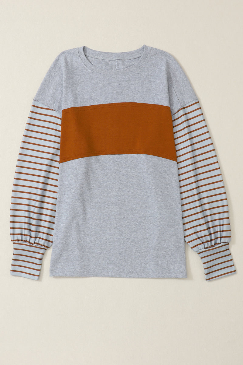 Gray Colorblock Striped Bishop Sleeve Top