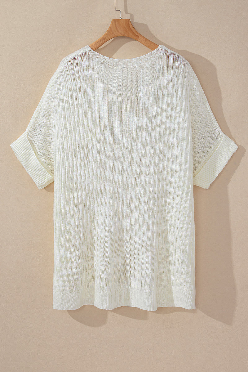 White Rolled Cuffs Loose Knit Tee with Slits