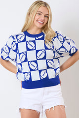 Dark Blue Rugby Plaid Color Block Puff Short Sleeve Sweater