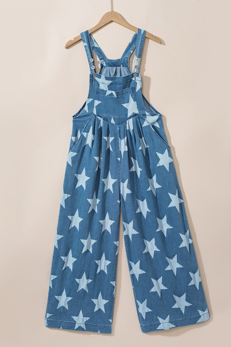 Star Print Buttoned Strap Pleat Wide Leg Denim Overall