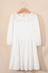 White Floral Lace Patchwork Bracelet Sleeve Tiered Mini Dress