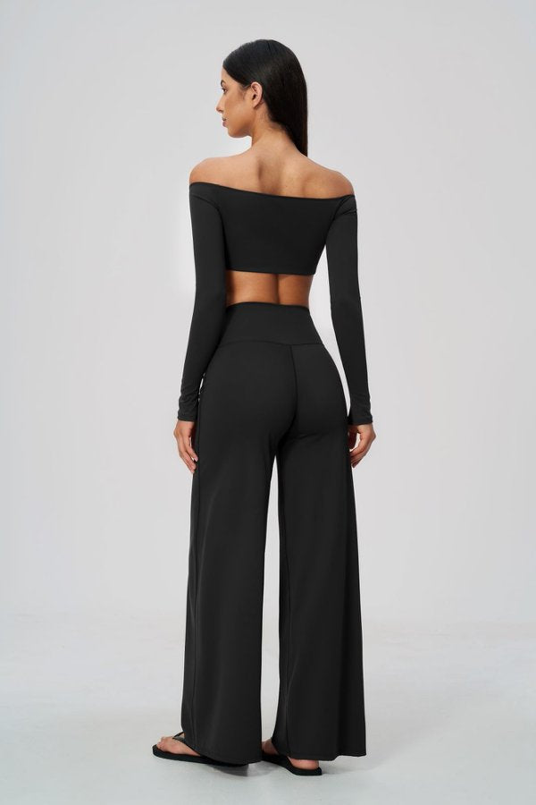 Off-Shoulder Long Sleeve Crop Top and High Waisted Wide Leg