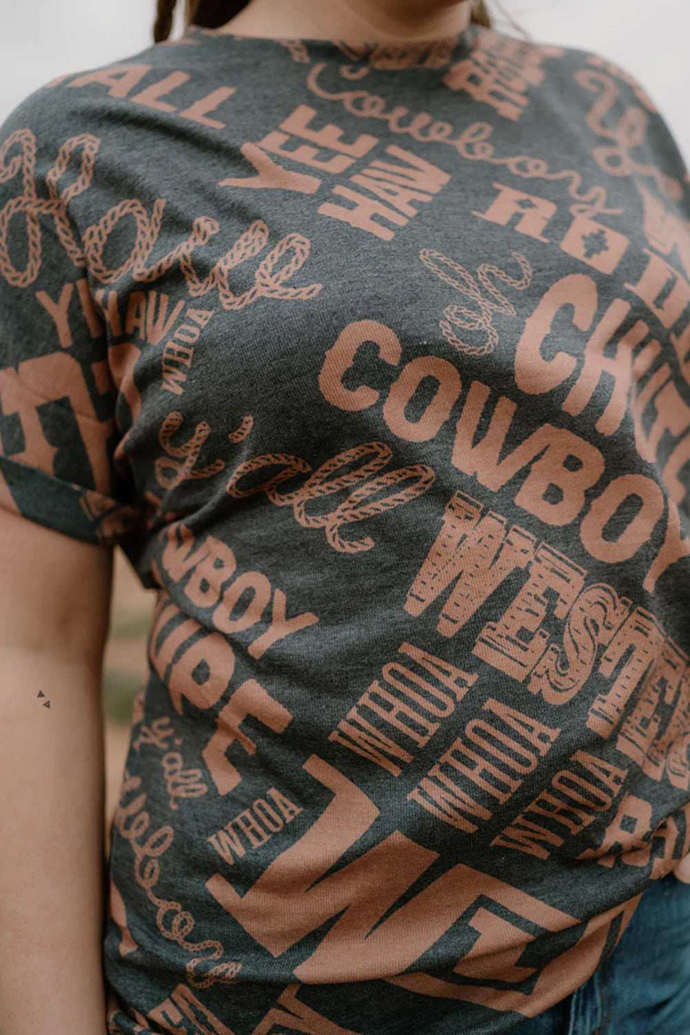 Dark Grey Howdy Cowboy Letter Printed Western Fashion Tee