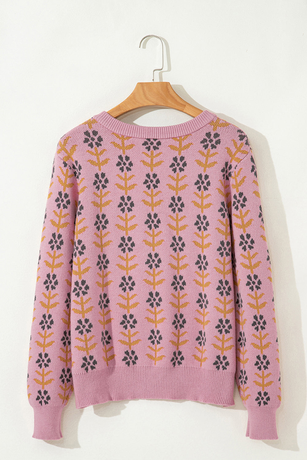 Pink Floral Button Down Ribbed Banded Cardigan Sweater