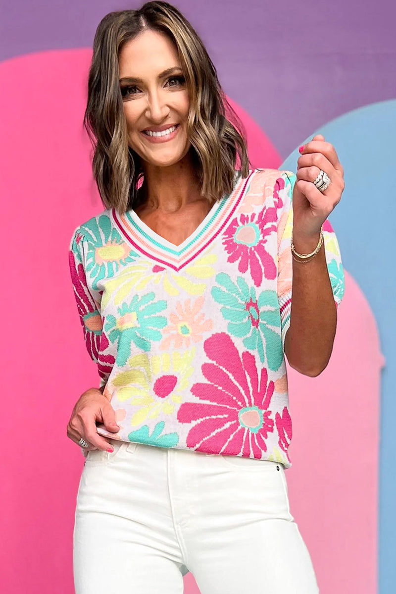 Multicolour Floral Print V Neck Short Sleeve Sweater