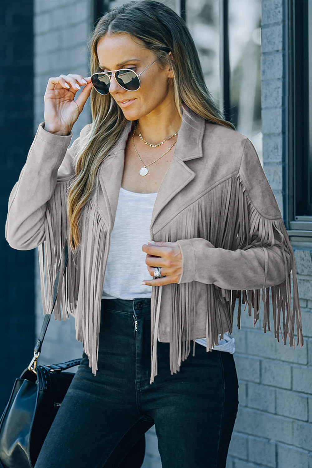 Gray Cropped Fringe Faux Suede Jacket