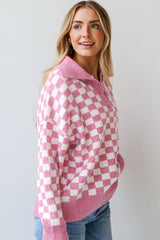 Pink Checkered Buttons Collar V Neck Drop Shoulder Sweater